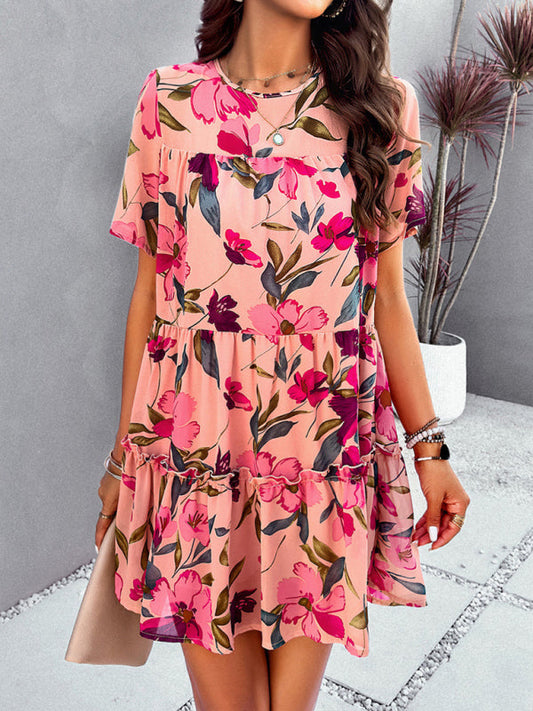 Tiered dresses- Short Sleeve Floral Tunic Mini Dress with Tiered Design & Knot Back- Pink- Pekosa Women Clothing