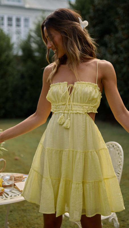 Tiered dresses- Textured Tiered Dress: Cutout Waist, Backless- Yellow- Pekosa Women Clothing