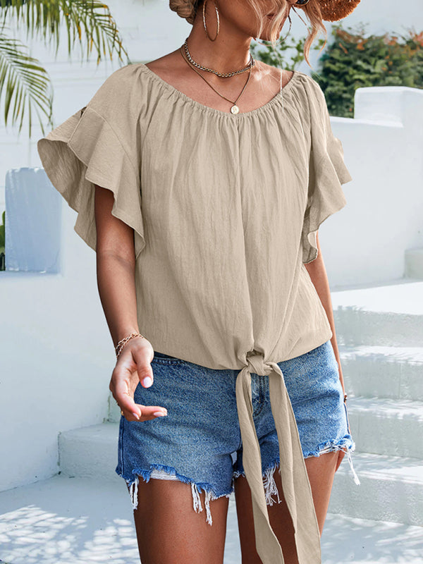 Top- Draped Boat Neck Blouse | Summer Flowy Top with Short Sleeves- - Pekosa Women Clothing