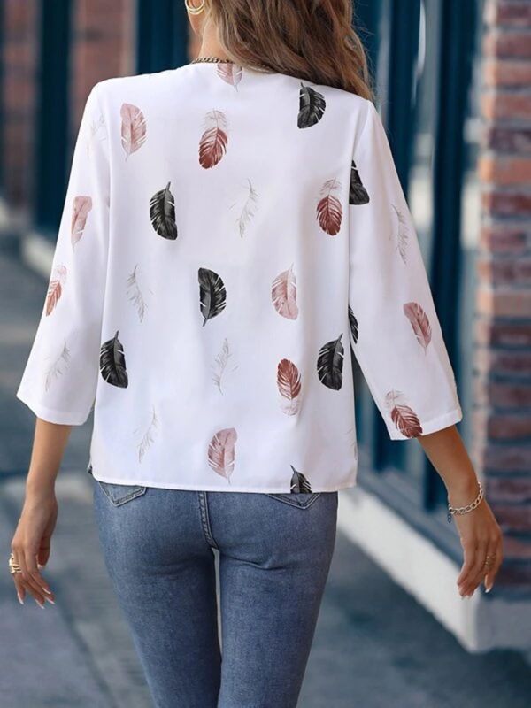 Top- Elegant Feather Print 3/4 Sleeve V-Neck Blouse- - Pekosa Women Clothing