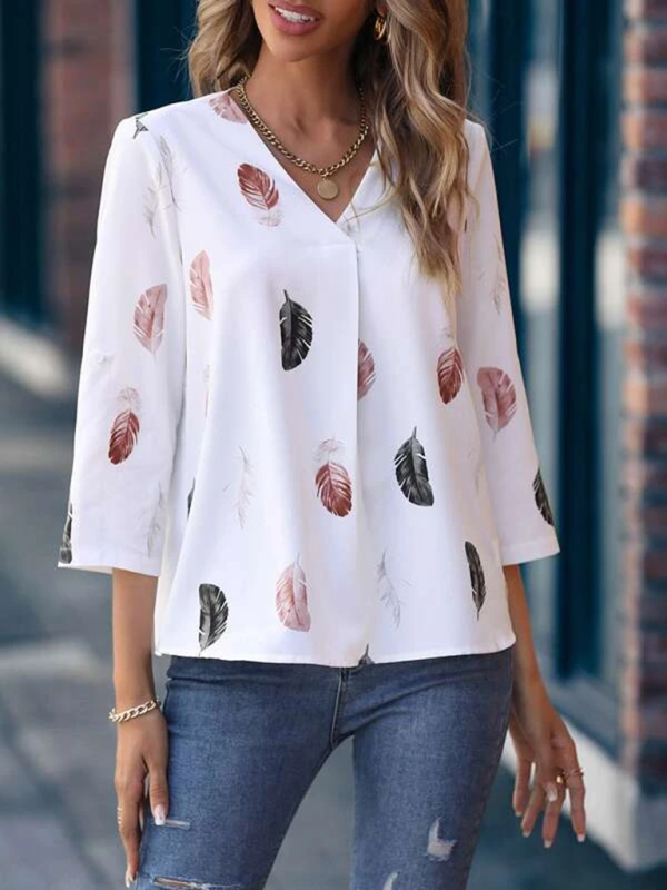 Top- Elegant Feather Print 3/4 Sleeve V-Neck Blouse- - Pekosa Women Clothing