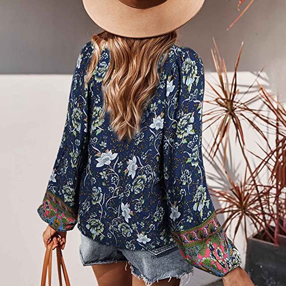 Top- Floral Boto Tie Front V Neck Tunic Top- - Pekosa Women Clothing