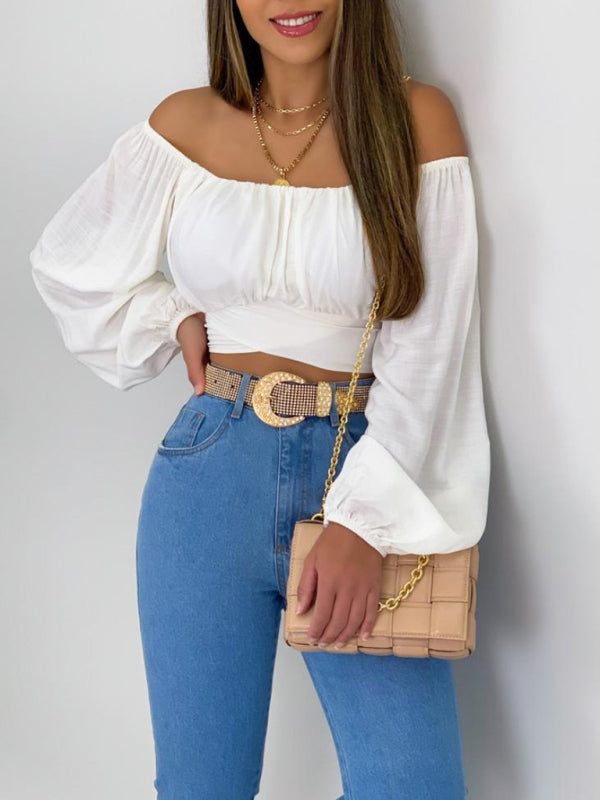 Top- Off-Shoulder Balloon Sleeve Crop Top for Women - Blouse- White- Pekosa Women Clothing
