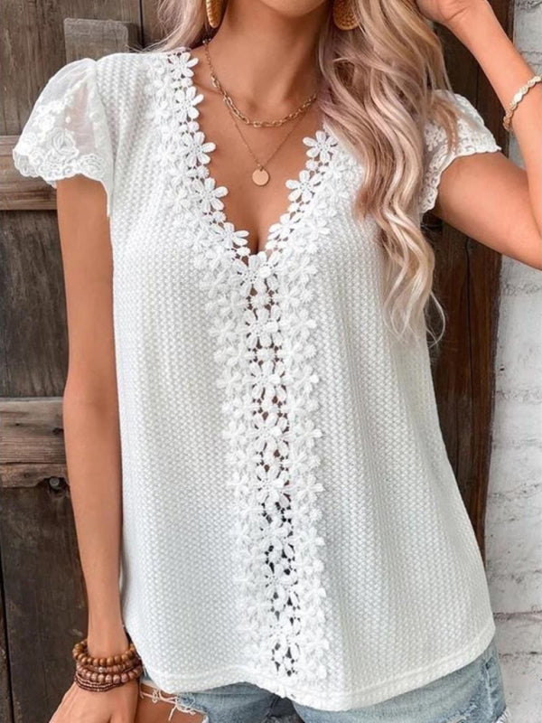 Top- Radiate Sophistication: Women's Top V-Neck T-shirt Guipure Lace Blouse- - Pekosa Women Clothing