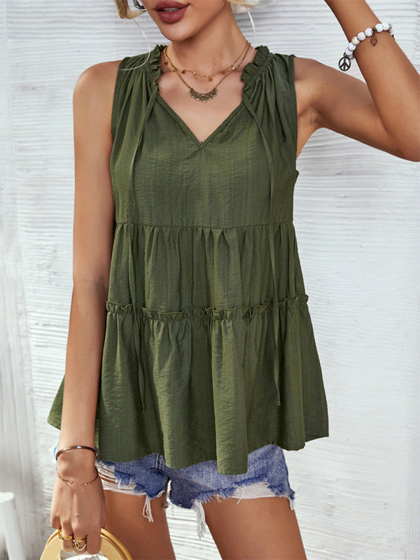 Top- Retro Chic: Loose-Fit Tiered Casual Tank Top Blouse for Women- - Pekosa Women Clothing