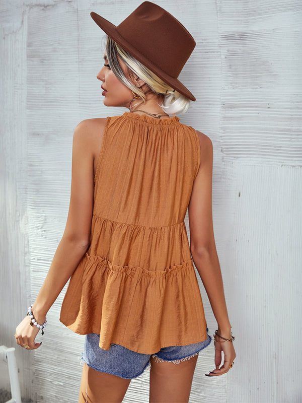 Top- Retro Chic: Loose-Fit Tiered Casual Tank Top Blouse for Women- - Pekosa Women Clothing