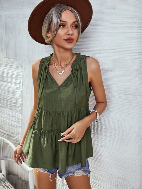 Top- Retro Chic: Loose-Fit Tiered Casual Tank Top Blouse for Women- - Pekosa Women Clothing