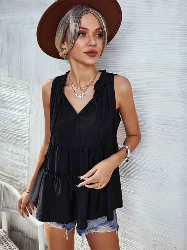 Top- Retro Chic: Loose-Fit Tiered Casual Tank Top Blouse for Women- - Pekosa Women Clothing