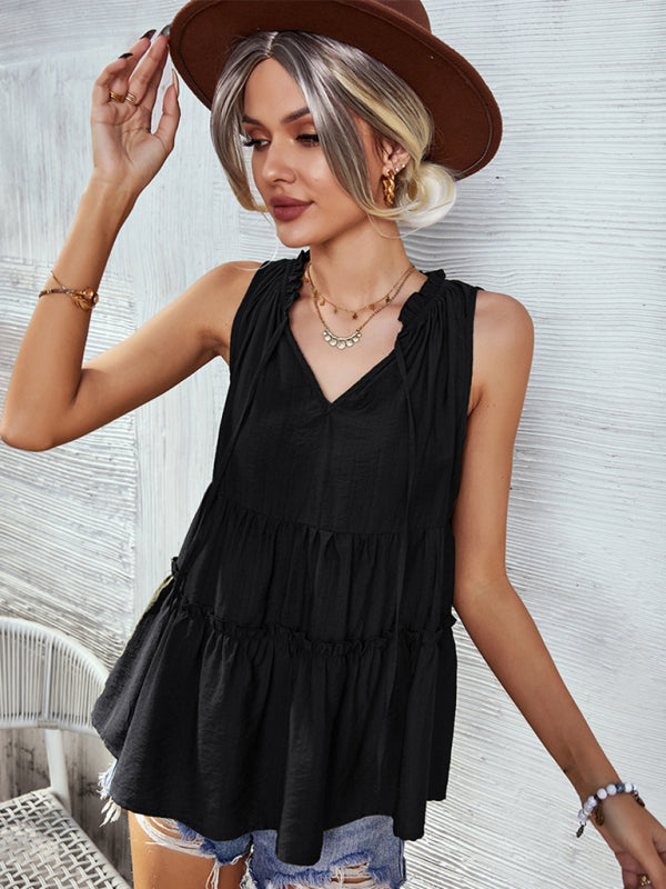 Top- Retro Chic: Loose-Fit Tiered Casual Tank Top Blouse for Women- - Pekosa Women Clothing