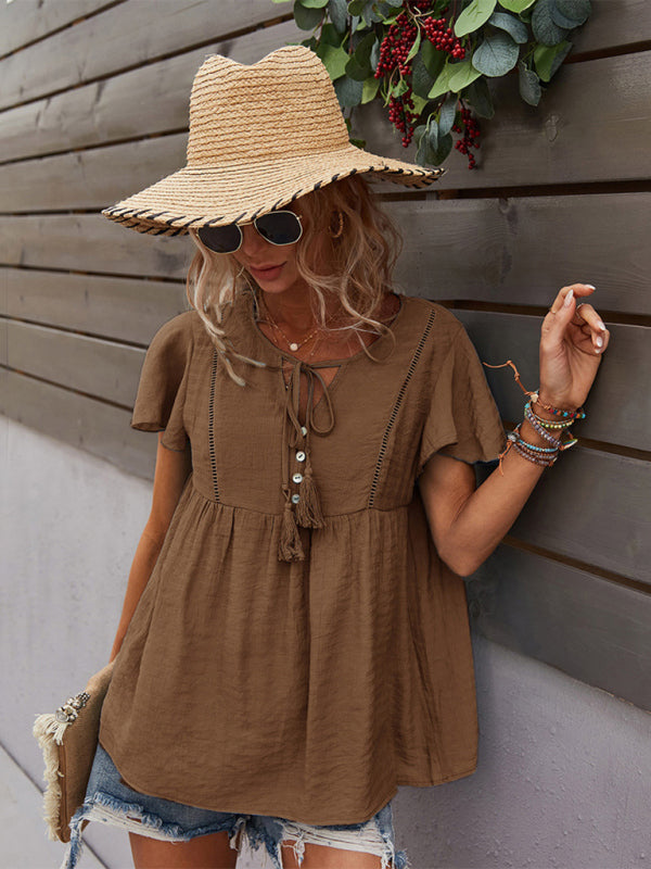 Top- Solid Blouse with Flared Sleeves and Drawstring Details- - Pekosa Women Clothing