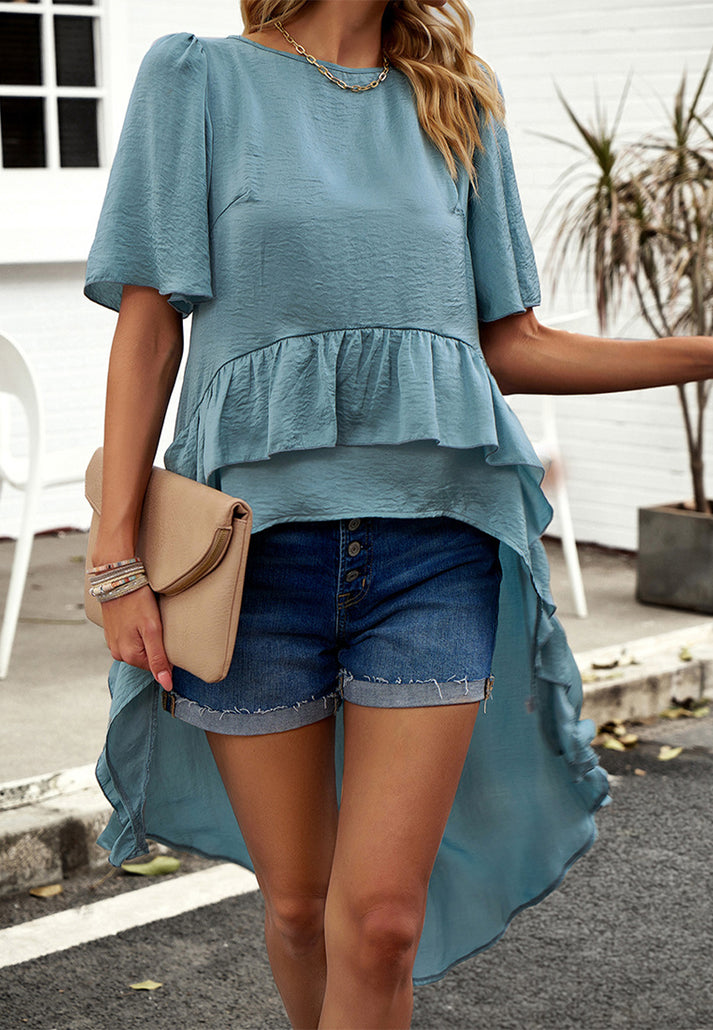 Tops- Fashionable Women's Hi-Low Blouse - Flared Sleeves & Ruffle Trim Top- - Pekosa Women Clothing