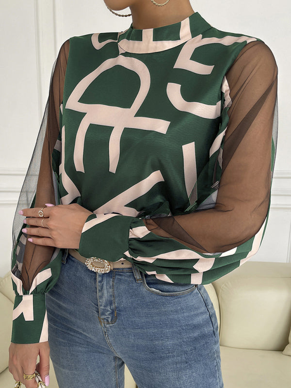 Tops- Letter Print Spliced Mesh Long Sleeve Blouse - Top- Green- Pekosa Women Clothing