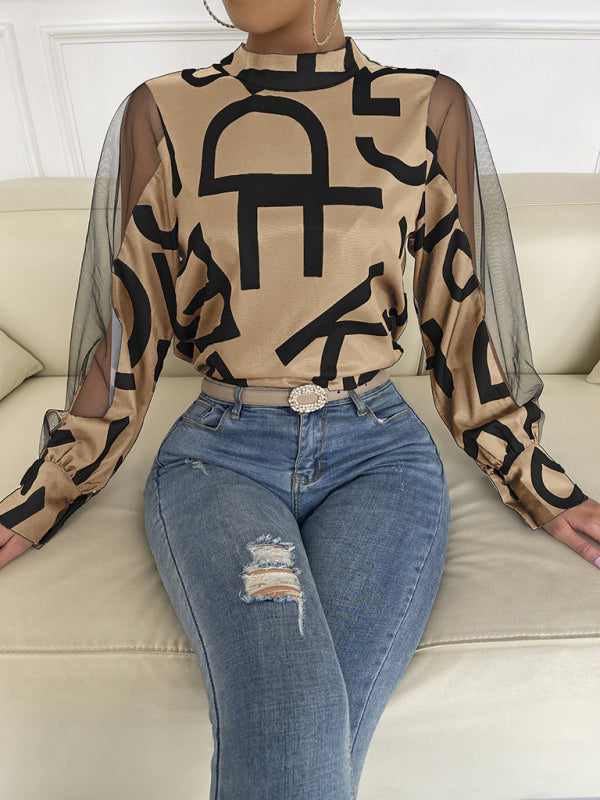 Tops- Letter Print Spliced Mesh Long Sleeve Blouse - Top- - Pekosa Women Clothing
