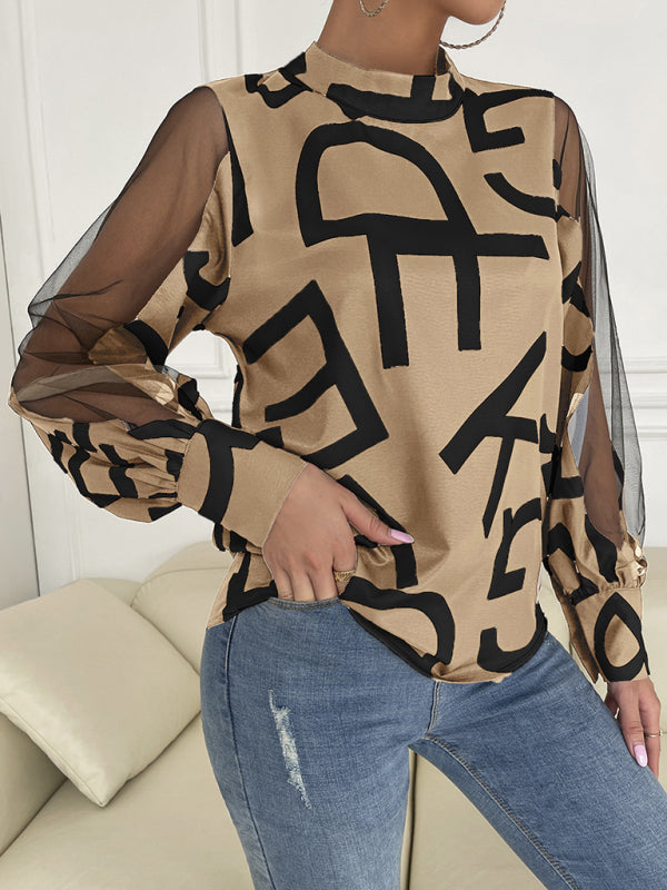 Tops- Letter Print Spliced Mesh Long Sleeve Blouse - Top- - Pekosa Women Clothing