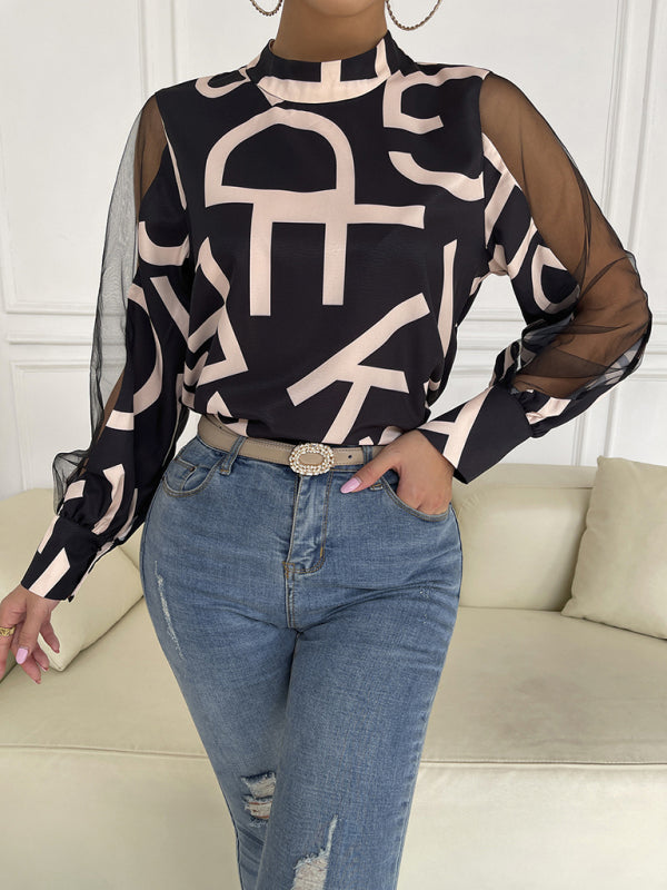 Tops- Letter Print Spliced Mesh Long Sleeve Blouse - Top- - Pekosa Women Clothing