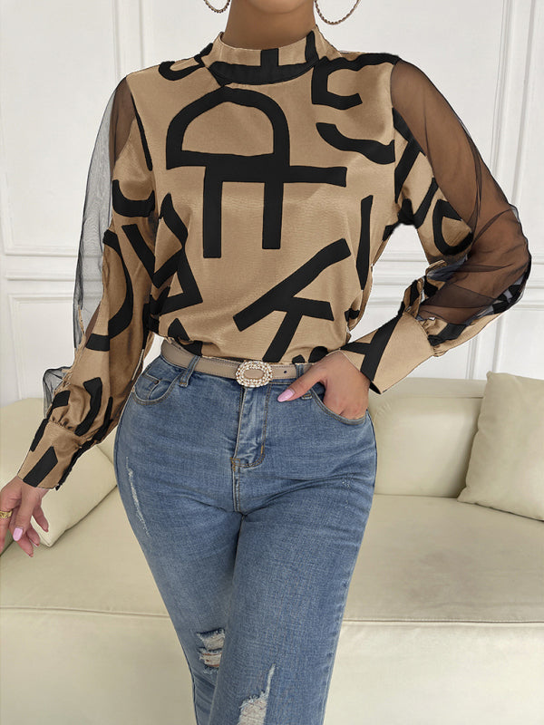 Tops- Letter Print Spliced Mesh Long Sleeve Blouse - Top- - Pekosa Women Clothing