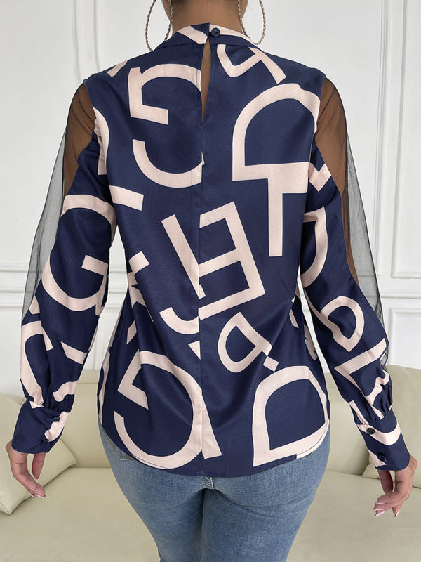 Tops- Letter Print Spliced Mesh Long Sleeve Blouse - Top- - Pekosa Women Clothing