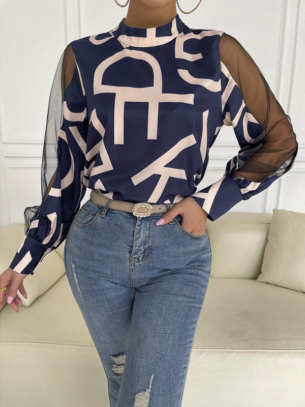 Tops- Letter Print Spliced Mesh Long Sleeve Blouse - Top- - Pekosa Women Clothing