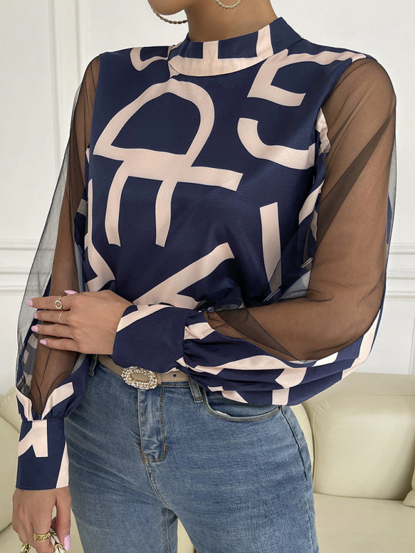Tops- Letter Print Spliced Mesh Long Sleeve Blouse - Top- Navy Blue- Pekosa Women Clothing