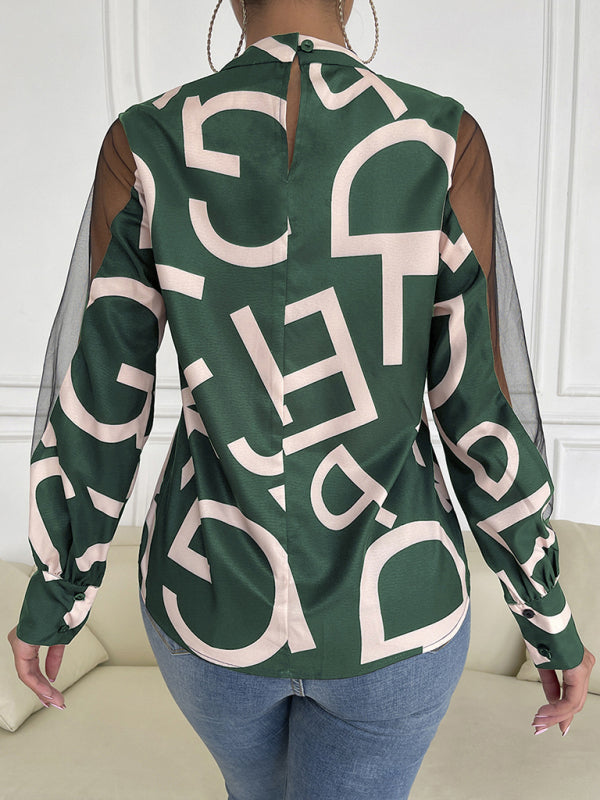 Tops- Letter Print Spliced Mesh Long Sleeve Blouse - Top- - Pekosa Women Clothing