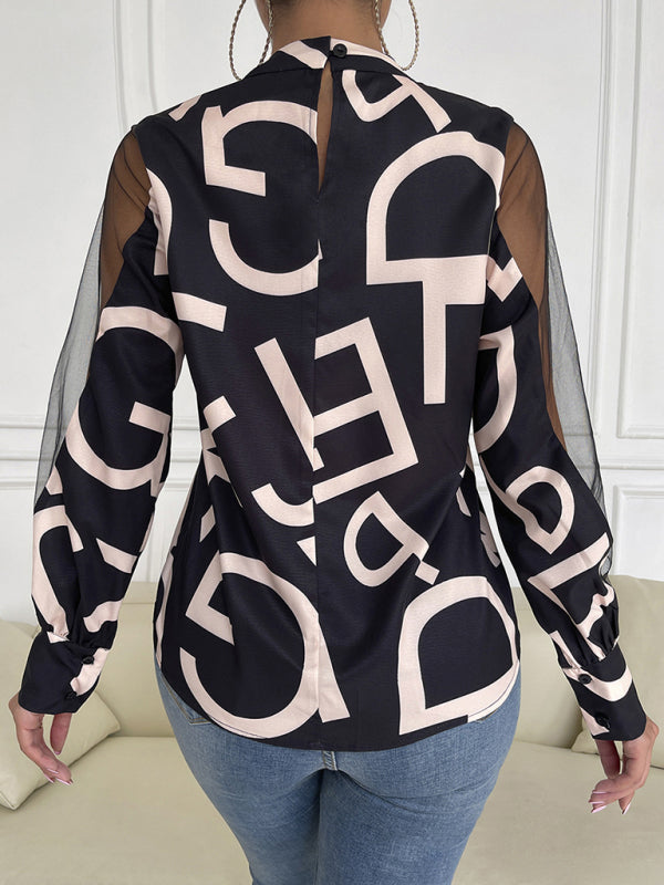 Tops- Letter Print Spliced Mesh Long Sleeve Blouse - Top- - Pekosa Women Clothing
