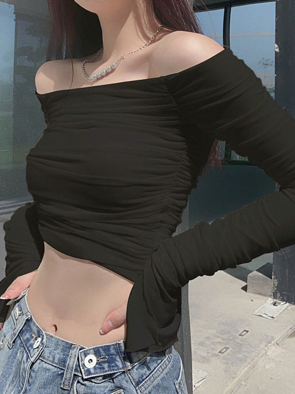 Tops- Off-The-Shoulder Long Sleeve Crop Top in Ruched Mesh- - Pekosa Women Clothing