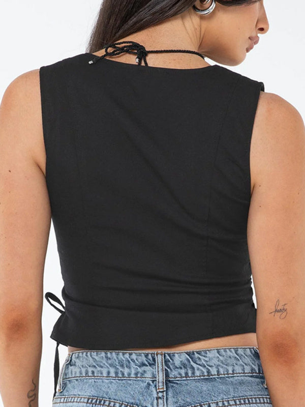 Tops- Solid Sleeveless Lace-Up Crop Top | Button-Up Vest- - Pekosa Women Clothing