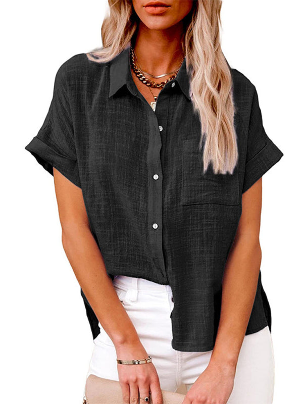 Tops- Textured Pocketed Button-Front Short Sleeve Shirt- Black- Pekosa Women Clothing