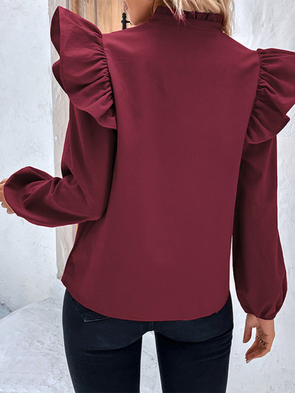 Tops- Women's Ruffle Long Sleeves Blouse with Buttons Decor & Ruffle Accents- - Pekosa Women Clothing