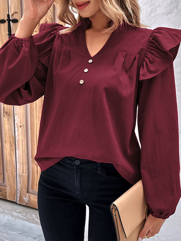 Tops- Women's Ruffle Long Sleeves Blouse with Buttons Decor & Ruffle Accents- - Pekosa Women Clothing