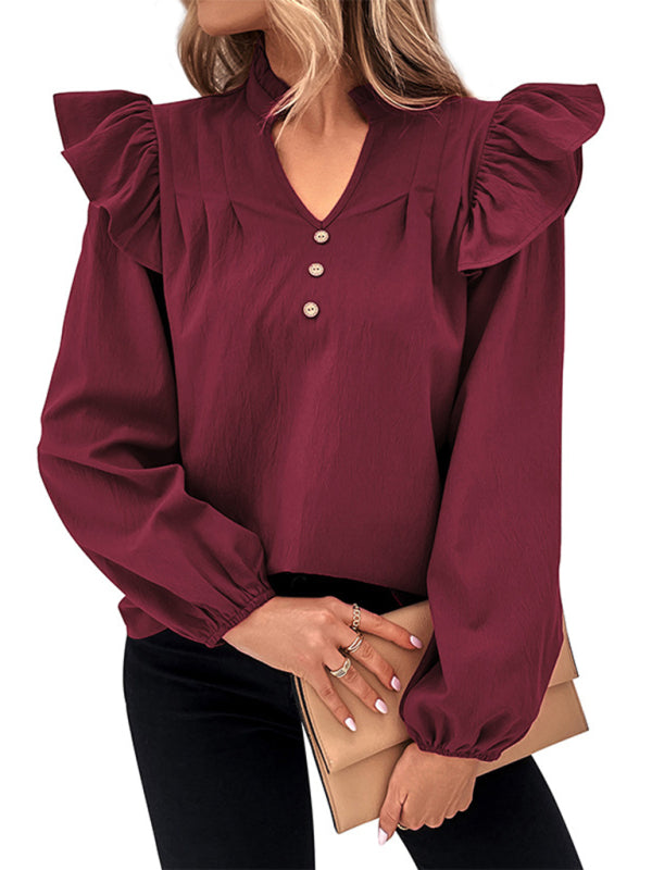 Tops- Women's Ruffle Long Sleeves Blouse with Buttons Decor & Ruffle Accents- - Pekosa Women Clothing