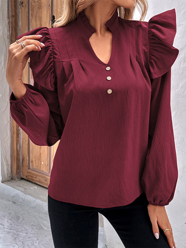 Tops- Women's Ruffle Long Sleeves Blouse with Buttons Decor & Ruffle Accents- - Pekosa Women Clothing