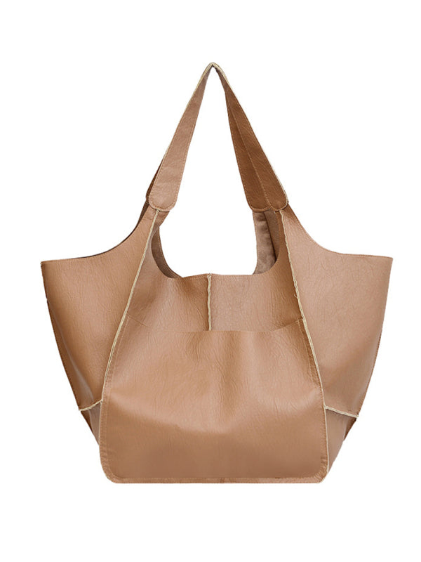 Tote Bags- Faux Leather Tote Shoulder Large Handbag- Khaki- Pekosa Women Clothing