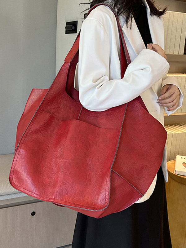 Tote Bags- Faux Leather Tote Shoulder Large Handbag- Red- Pekosa Women Clothing