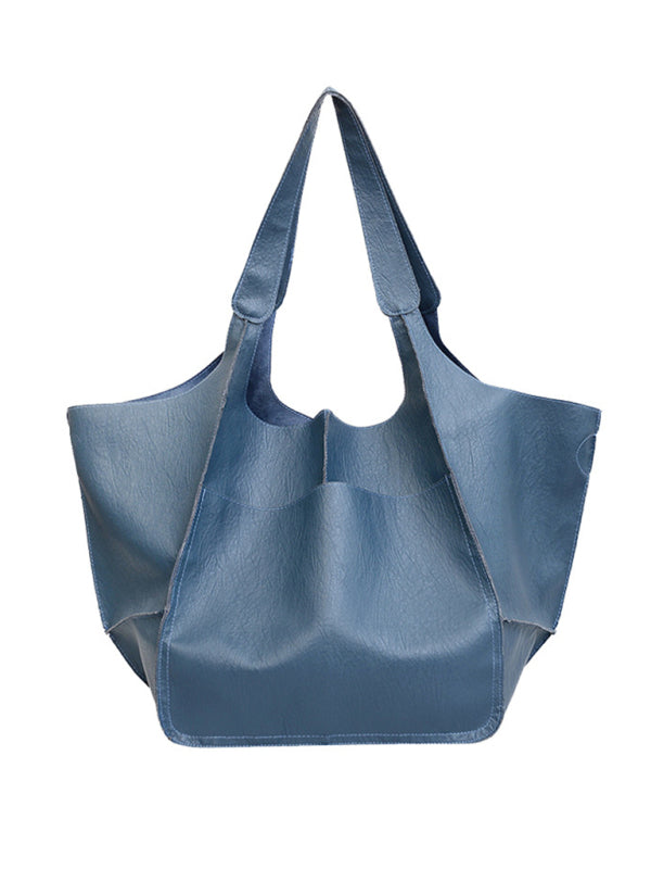 Tote Bags- Faux Leather Tote Shoulder Large Handbag- Blue- Pekosa Women Clothing