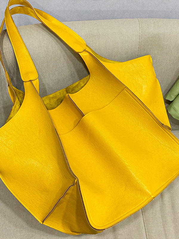 Tote Bags- Faux Leather Tote Shoulder Large Handbag- Yellow- Pekosa Women Clothing