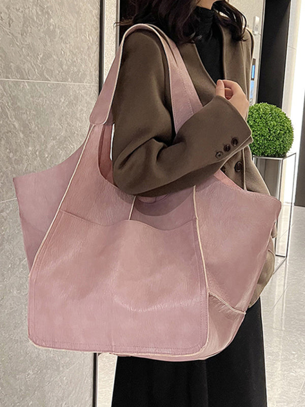 Tote Bags- Faux Leather Tote Shoulder Large Handbag- Pink- Pekosa Women Clothing