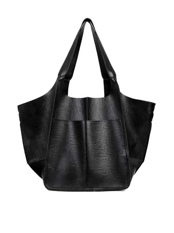Tote Bags- Faux Leather Tote Shoulder Large Handbag- Black- Pekosa Women Clothing