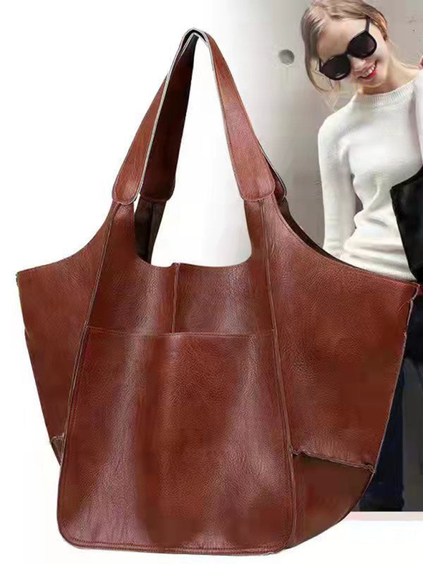 Tote Bags- Faux Leather Tote Shoulder Large Handbag- Olive yellow- Pekosa Women Clothing