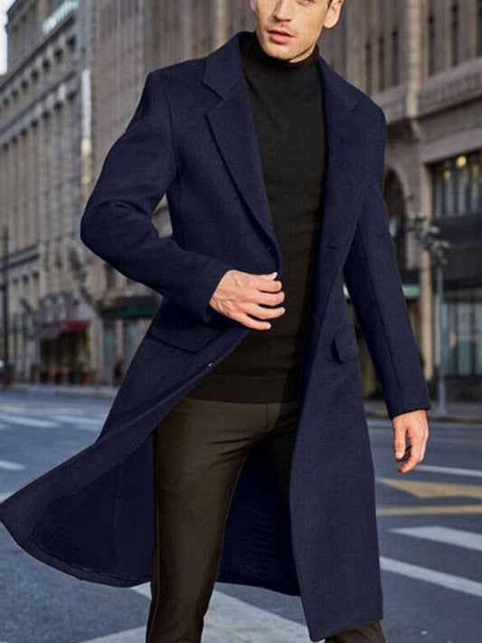 Trench Coats- Elegant Longline Windbreaker | Men's Notch Lapel Woolen Trench Coat- Blue- Pekosa Women Clothing