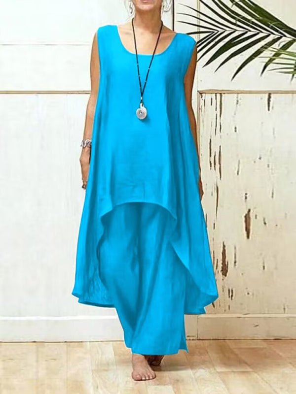 Trousers Set- 2-Piece Solid Sophistication: Sarah's Kaftan Trousers- Sky blue azure- Pekosa Women Clothing