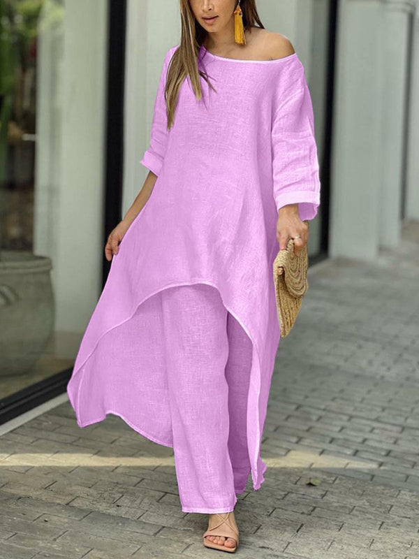 Trousers Set- Vacation Loose 2-Piece Set Asymmetrical Tunic Top + Wide-Leg Trousers- Purple- Pekosa Women Clothing
