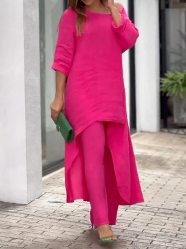 Trousers Set- Vacation Loose 2-Piece Set Asymmetrical Tunic Top + Wide-Leg Trousers- Rose- Pekosa Women Clothing