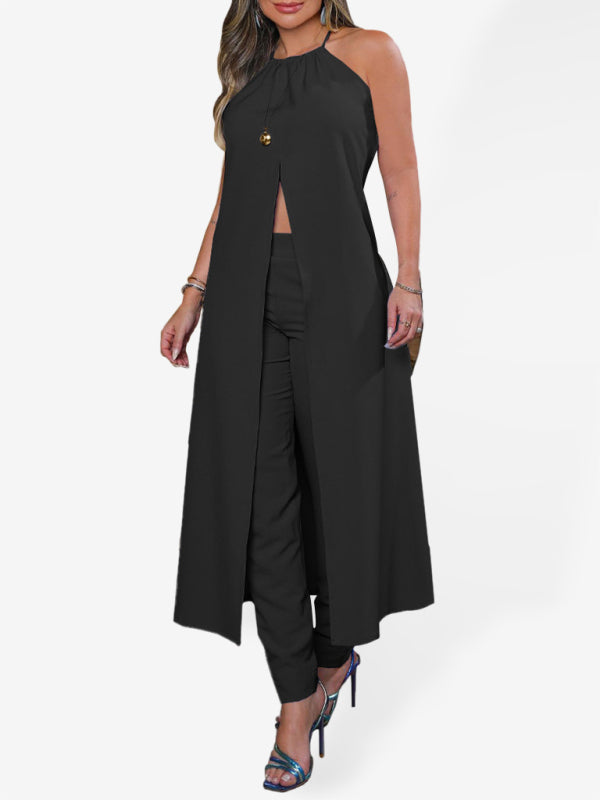 Trousers Set- Women’s 2-Piece Set - Halterneck Long Cami Top + High Rise Trousers- Black- Pekosa Women Clothing