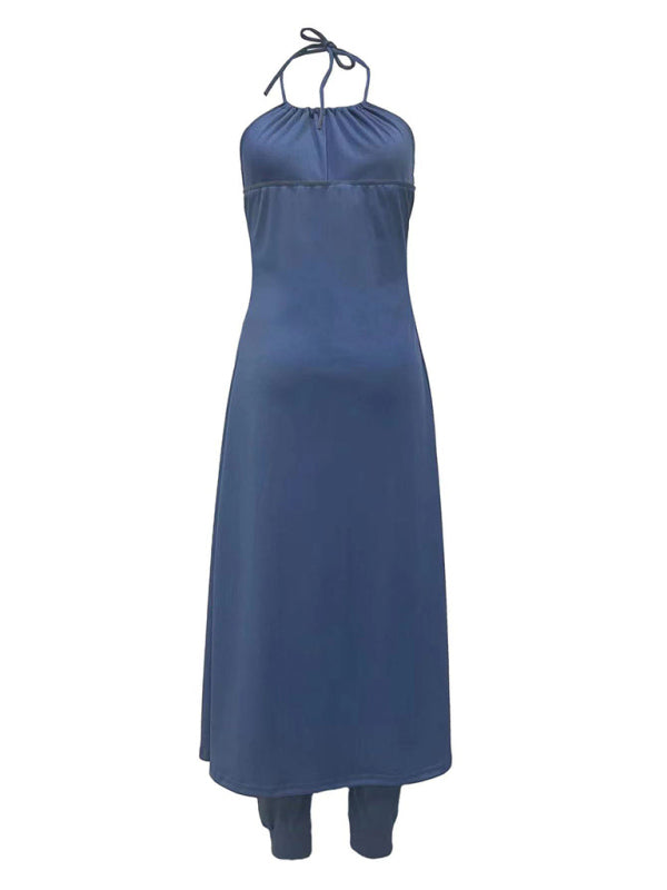 Trousers Set- Women’s 2-Piece Set - Halterneck Long Cami Top + High Rise Trousers- - Pekosa Women Clothing