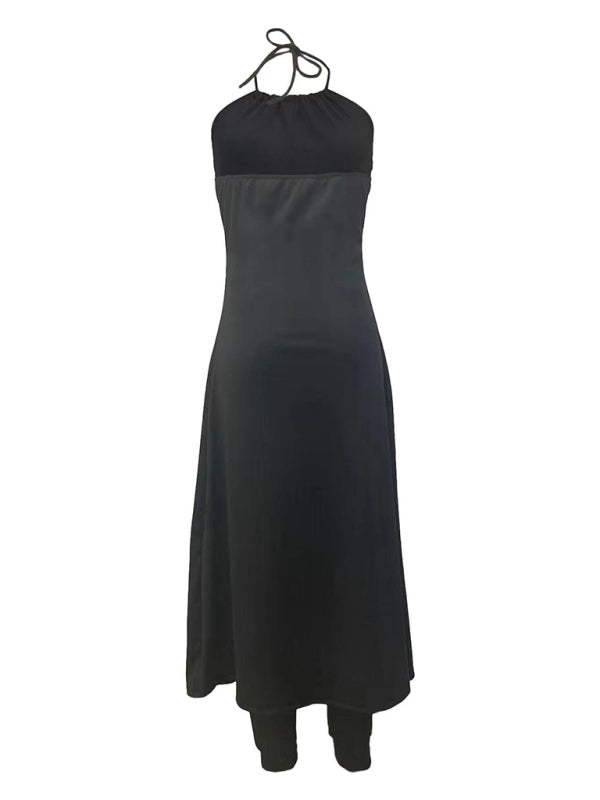 Trousers Set- Women’s 2-Piece Set - Halterneck Long Cami Top + High Rise Trousers- - Pekosa Women Clothing