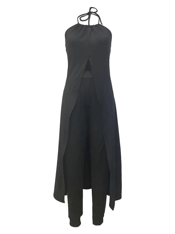 Trousers Set- Women’s 2-Piece Set - Halterneck Long Cami Top + High Rise Trousers- - Pekosa Women Clothing