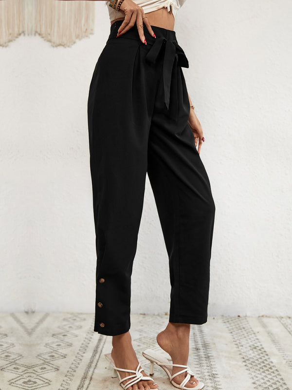 Trousers- Solid Rise Trousers, Fancy Side Buttons, Belted Pants- - Pekosa Women Clothing