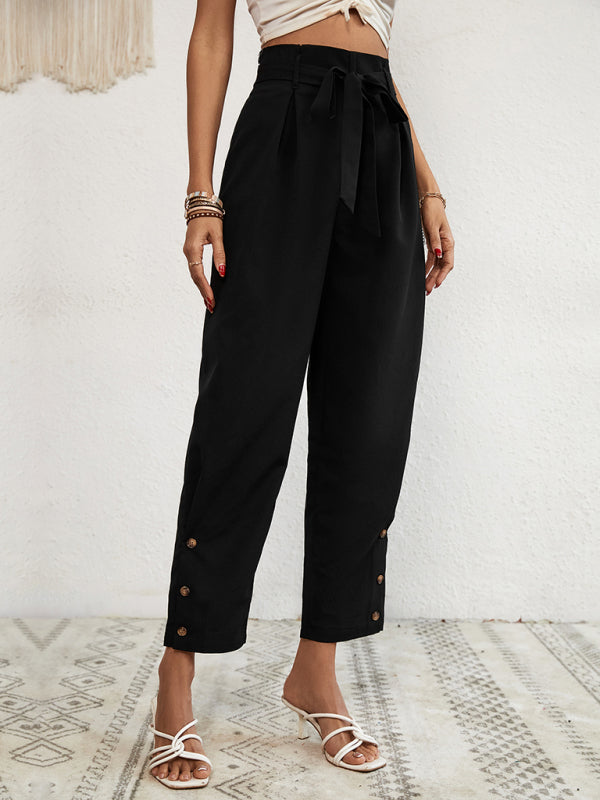 Trousers- Solid Rise Trousers, Fancy Side Buttons, Belted Pants- - Pekosa Women Clothing