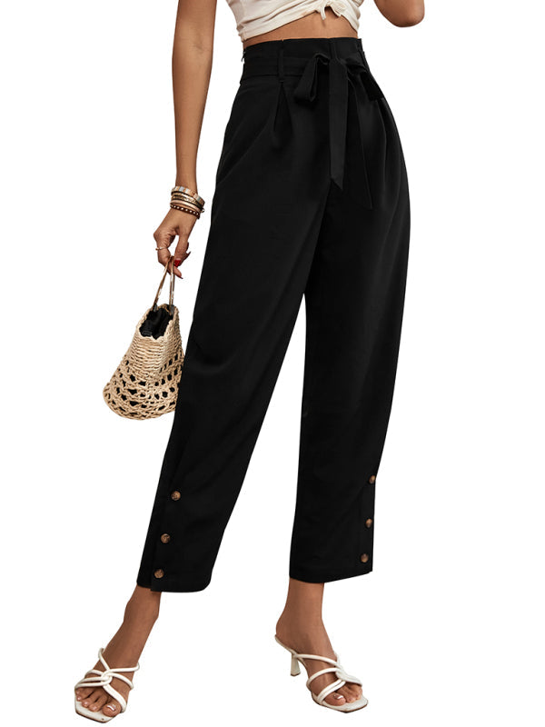 Trousers- Solid Rise Trousers, Fancy Side Buttons, Belted Pants- - Pekosa Women Clothing